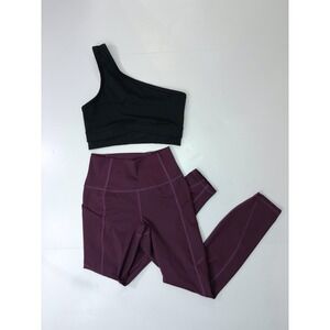 Fabletics Bundle Set Black One Shoulder Bra & Plum Purple Leggings Womens XS